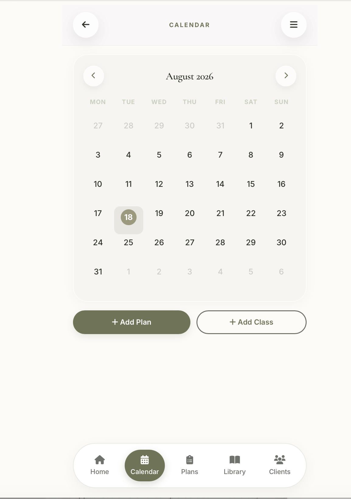 Align Planner calendar screen with a monthly view and buttons to add a plan or class