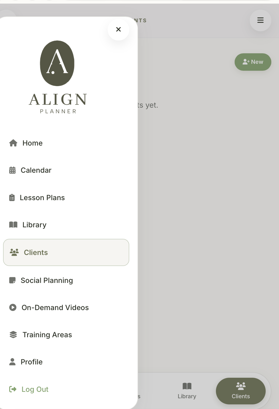 Align Planner slide-out app menu with Home, Calendar, Lesson Plans, Library and Clients