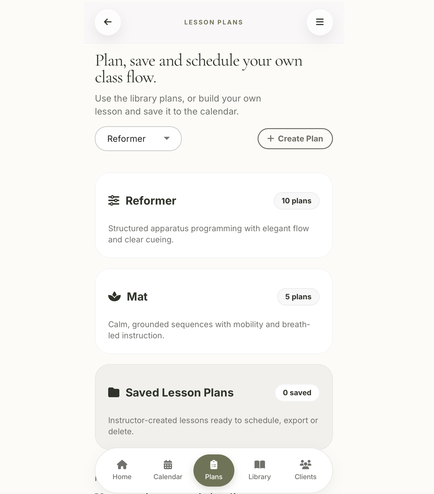 Align Planner lesson plans screen listing Reformer, Mat and saved lesson plans