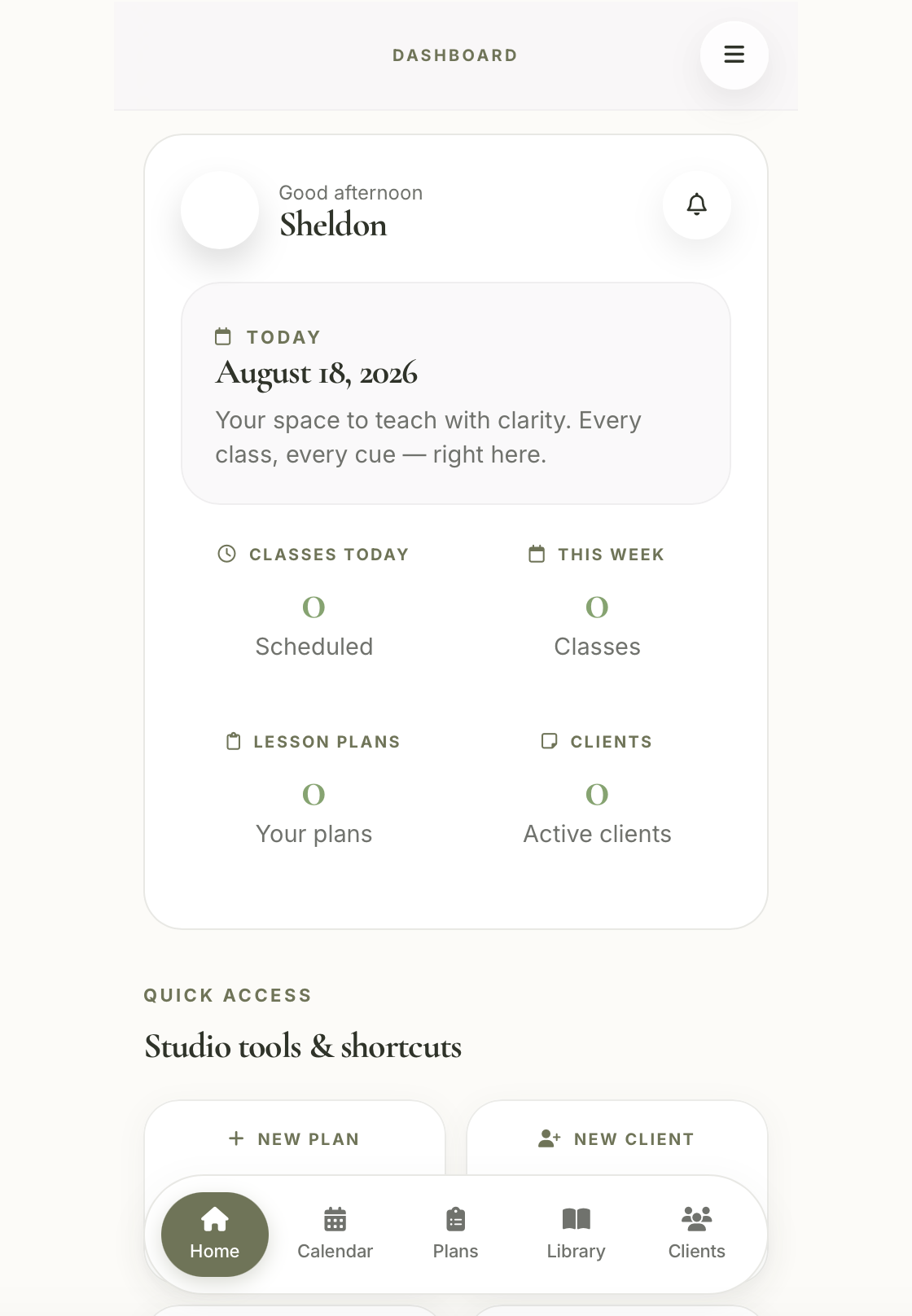 Align Planner instructor dashboard showing today's date, class counts and quick actions