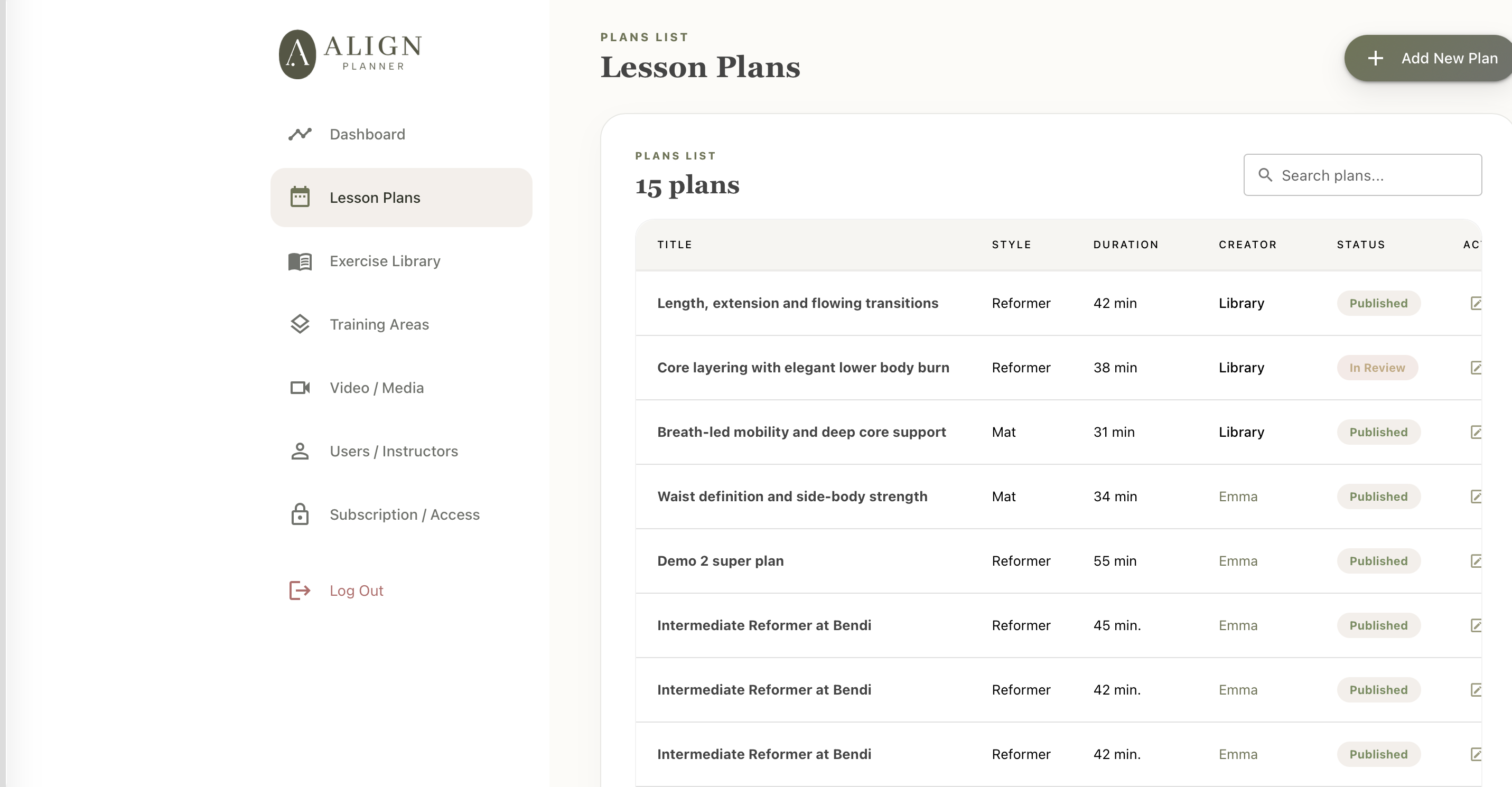 Align Planner admin panel lesson plans list with style, duration, creator and status columns